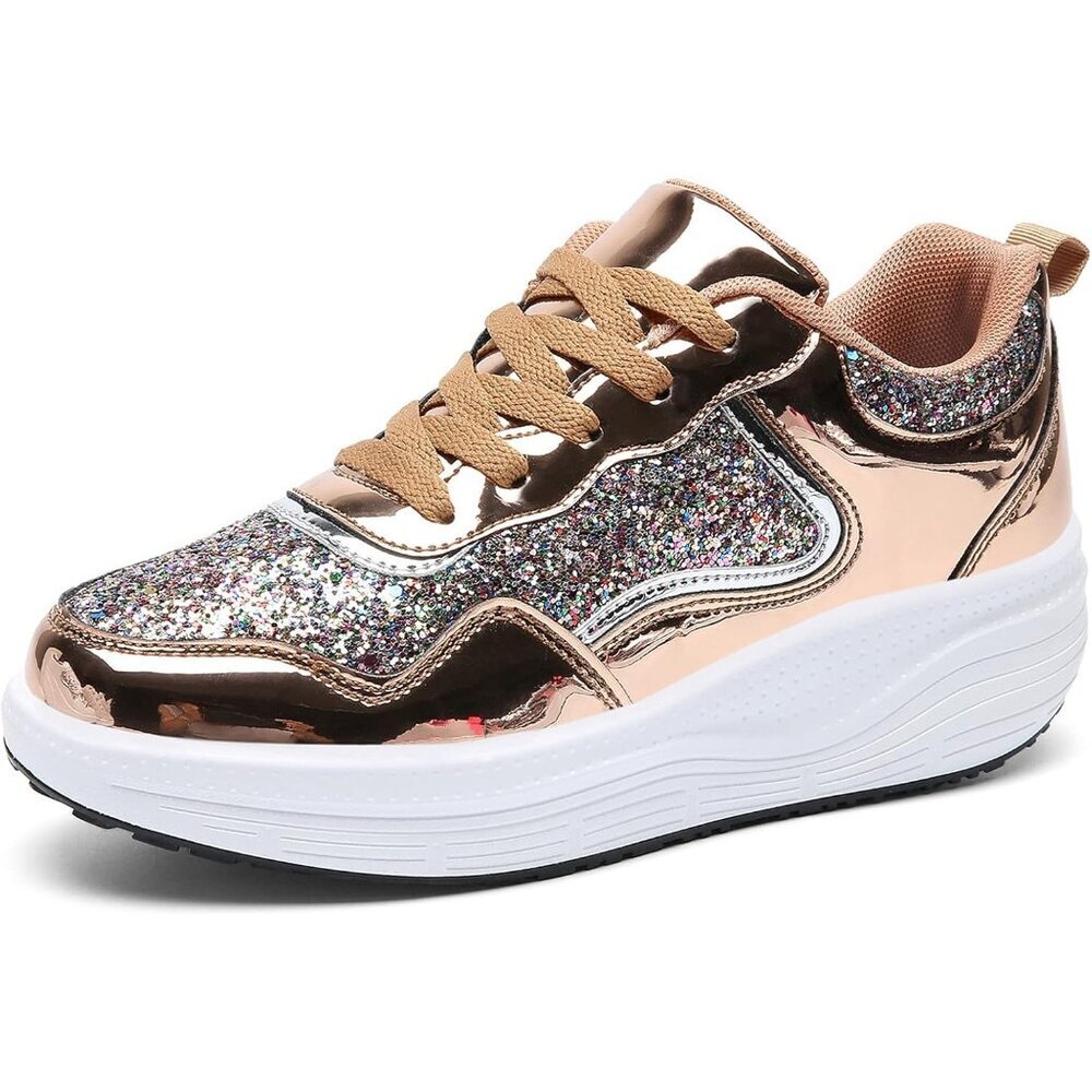 Women's Gold Breathable Mesh Comfort Lightweight Wedge Platform Sneakers - Picture 7 of 7